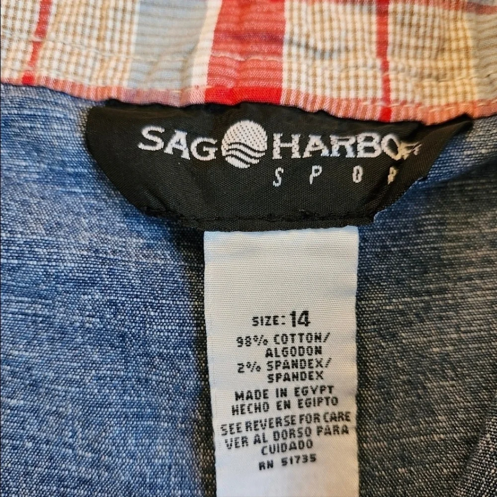 Sag Harbor medium wash denim midi skirt front slit zipper button closure size 14